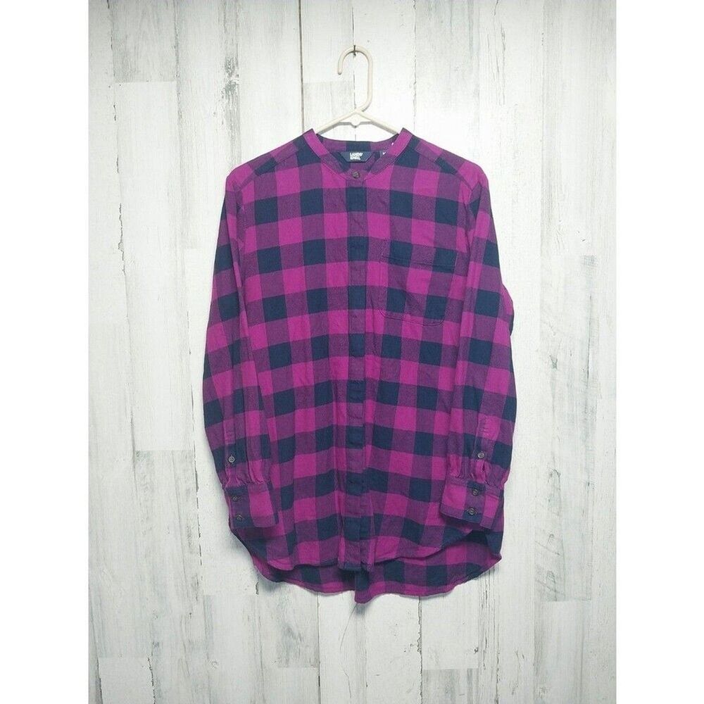 Land's End Women's Medium Purple Check Collarless Flannel Shirt
